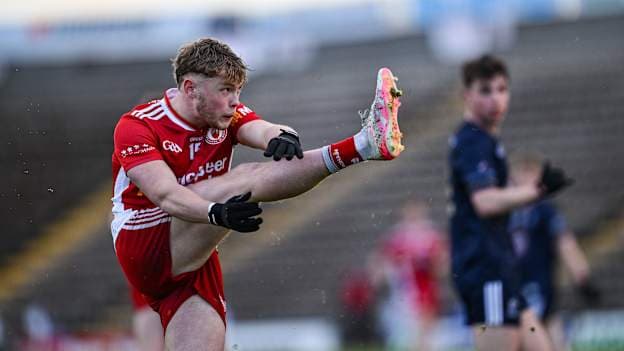 Shea McDermott of Tyrone in action during the 2026 Dalata Hotel Group GAA Football All-Ireland U20 Championship semi-final match between Tyrone and Kildare at Kingspan Breffni Park in Cavan. Photo by Mark Kavanagh/Sportsfile.