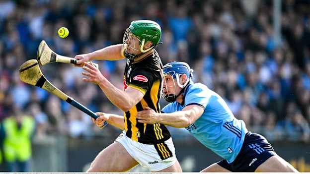 Martin Keoghan of Kilkenny in action against Eoghan O'Donnell of Dublin during the 2024 Leinster GAA Hurling Senior Championship Round 4 match between Dublin and Kilkenny at Parnell Park in Dublin. Photo by Daire Brennan/Sportsfile.