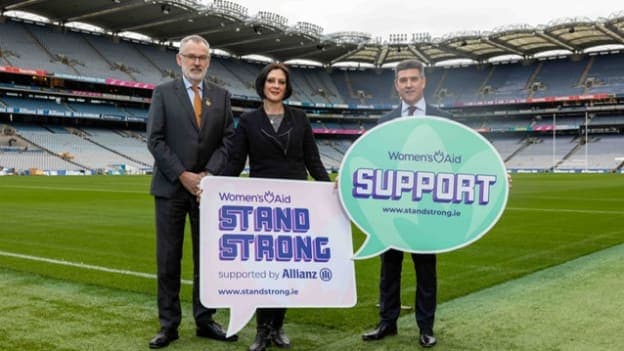 Left to right,  Uachtarán Chumann Lúthchleas Gael, Larry McCarthy, Women's Aid CEO, Sarah Benson, and Chief Customer Officer with Allianz, Geoff Sparling. Pic Paul Sharp/SHARPPIX 
