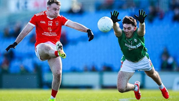 Jack Tumulty, Pádraig Pearses, and Ruaidhrí Fallon, St Brigid's, in Roscommon SFC Final action. Photo by Thomas Flinkow/Sportsfile