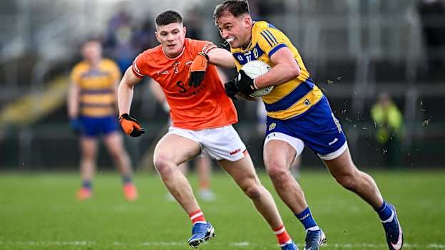 Enda Smith of Roscommon in action against Gareth Murphy of Armagh during the Allianz Football League Division 1 match between Roscommon and Armagh at King & Moffatt Dr Hyde Park in Roscommon. Photo by Seb Daly/Sportsfile.