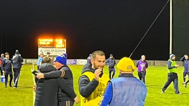 Longford team mentors celebrate after their Electric Ireland Leinster Minor Football victory over Dublin.