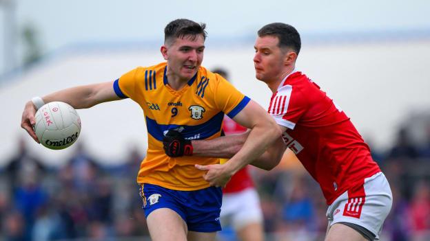 Brian McNamara, Clare, and Maurice Shanley, Cork, in All-Ireland SFC action at Cusack Park. Photo by Ray McManus/Sportsfile