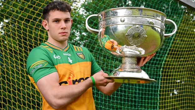Caolan McColgan of Donegal poses for a portrait with the Sam Maguire Cup during the launch of the GAA Football All-Ireland Senior Championship National 2024 at The Glen Centre in Maghera, Derry. Photo by Brendan Moran/Sportsfile.