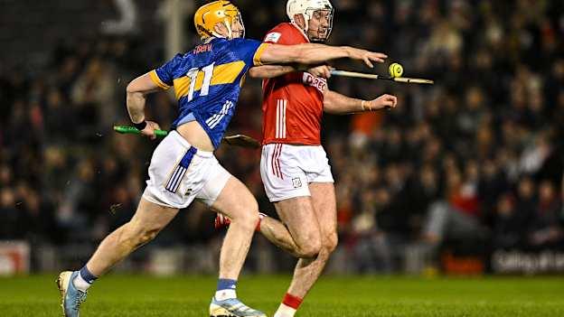 Tim O'Mahoney of Cork is dispossessed by Jake Morris of Tipperary during the Allianz Hurling League Division 1A match between Tipperary and Cork at FBD Semple Stadium in Thurles, Tipperary. Photo by Brendan Moran/Sportsfile.