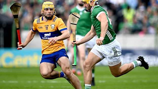Tom Morrissey of Limerick in action against Mark Rodgers of Clare during the Munster GAA Hurling Senior Championship final match between Clare and Limerick at FBD Semple Stadium in Thurles, Tipperary. Photo by Piaras Ó Mídheach/Sportsfile.