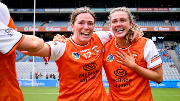 Armagh's Eimear Hayes and Gemma McCann celebrate after victory over Cavan in the Glen Dimplex All-Ireland Premier Junior Camogie Final ©INPHO