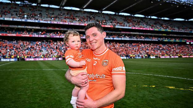 Paddy Burns of Armagh with his daughter Clodagh after his side's victory in the GAA Football All-Ireland Senior Championship Final match between Armagh and Galway at Croke Park in Dublin. Photo by Harry Murphy/Sportsfile.
