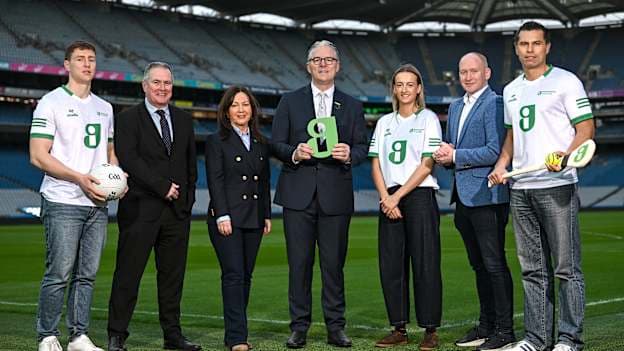 Pictured at the launch are, from left to right, John Small, former Dublin footballer and Sales Director, Procure.ie, Peter McKenna, Croke Park Stadium Director and GAA Commercial Director; Bríd O’Connell, Chief Executive Officer, Guaranteed Irish, Uachtarán Chumann Lúthchleas Gael Jarlath Burns, Laois ladies footballer Sinéad Farrelly, Damien McCann, Chairman, Guaranteed Irish, and Chief Commercial Officer, Viatel, and Seán Óg Ó hAilpín, National Sales Manager, Procure.ie, and former Cork hurler and footballer. Photo by Ramsey Cardy/Sportsfile