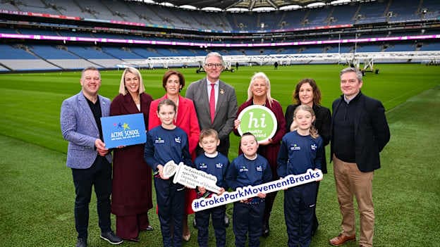 In attendance at launch of the new Croke Park Active Breaks initiative are, backrow from left, Primary ASF Development Officer Brian Kelly, Post Primary ASF Development Officer Carol O'Donnell, Minister for Education and Youth, Hildegarde Naughton TD, Uachtarán Chumann Lúthchleas Gael Jarlath Burns, Minister of State at the Department of Health Jennifer Murnane O'Connor TD, ASF National Coordinator Karen Cotter, and GAA Participation and Programmes manager Seamus Kenny, with front row from left, Andrea Gallagher, Teddy Kelly, Aaron O'Connor and Muireann Reen, at Croke Park in Dublin. The initiative provides school children with mental and physical health exercises in class. Photo by Sam Barnes/Sportsfile 