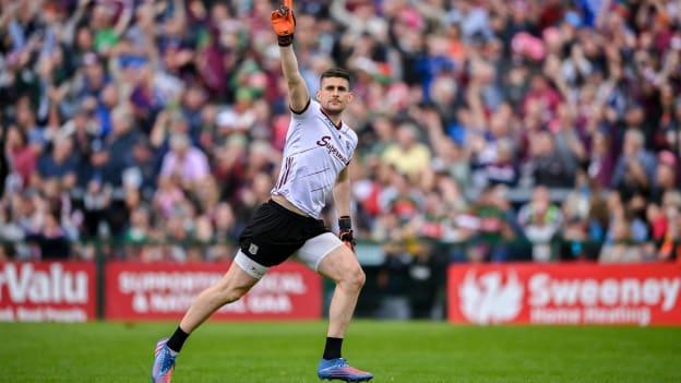 Galway goalkeeper Connor Gleeson celebrates after kicking the winning point in the Connacht SFC Final at Pearse Stadium. Photo by Seb Daly/Sportsfile