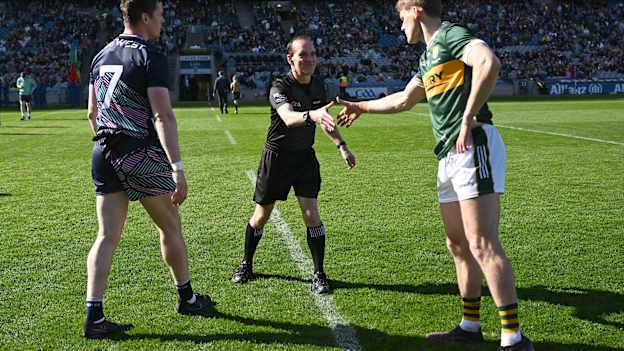 Referee David Coldrick with Mayo captain Stephen Coen, left, and Kerry captain Gavin White before the Allianz Football League Division 1 final match between Kerry and Mayo at Croke Park in Dublin. Photo by Shauna Clinton/Sportsfile.