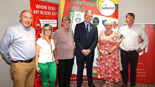 Pictured left to right are Peter McConnon  (Operations Manager Carlow GAA), Edele Fitzpatrick (Irish Blood Transfusion Services), Tommy Murphy (Myshall GAA), Jarlath Burns (GAA President), Carmel Kenny (National Chairperson of Community and Health Committee GAA) and Brendan Kelly (father of Oisin Kelly). 