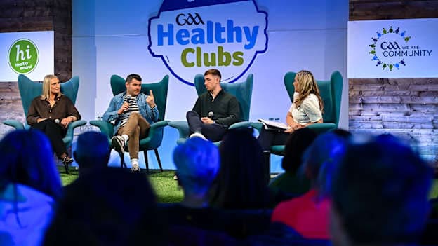 Mairéad Kennedy of Kilkenny, Kevin McManamon of Dublin and Shaun Patton of Donegal with MC Marie Crowe during the Irish Life GAA Healthy Club Conference 2025 at Croke Park in Dublin.