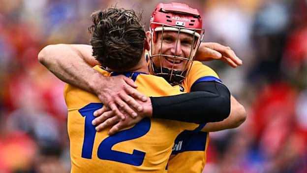 John Conlon and Peter Duggan celebrate following the 2024 All-Ireland SHC Final at Croke Park. Photo by Piaras Ó Mídheach/Sportsfile