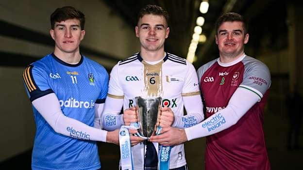 Daire Cregg, UCD, Ryan Magill, Ulster University, and Colin Murray, University of Galway, pictured with the Sigerson Cup before the draw for the Electric Ireland GAA Higher Education Championships at Croke Park last month. Photo by Piaras Ó Mídheach/Sportsfile