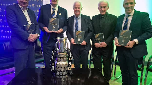 Pictured at the the Dr. Harty Cup book launch on Wednesday December 10th at the Horse and Jockey Hotel were Left to Right: Jimmy Browne (representing sponsors TUS), Tim Murphy (Chairman Munster GAA), Liam Ó Donnchú (Author), Monsignor Christy O’Dwyer (representing Archbishop of Cashel and Emly Kieran O’Reilly) and Declan Fitzgerald (Chairman Munster GAA Post Primary Schools).