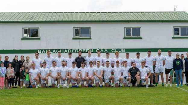 The Ballaghaderreen senior footballers pictured with the family of the late John O'Mahony. The team  wore a commemorative jersey to honour Johnno’s legacy in the club when they beat Knockmore in the first round of the championship.