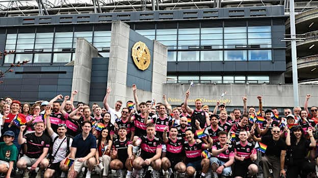 Attendees pose for a photo outside the Croke Park stadium during the Gaelic Games Pride Celebrations at the Croke Park Hotel in Dublin. Photo by David Fitzgerald/Sportsfile.