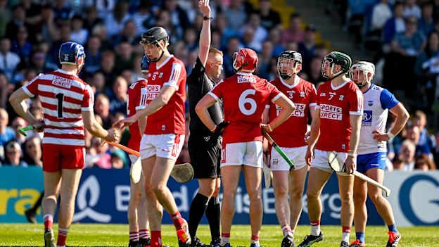 Ciaran Joyce of Cork is shown a black card by referee Michael Kennedy during the Munster GAA Hurling Senior Championship Round 1 match between Waterford and Cork at Walsh Park in Waterford. Photo by Brendan Moran/Sportsfile.