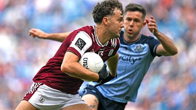 Robert Finnerty of Galway in action against David Byrne of Dublin during the GAA Football All-Ireland Senior Championship quarter-final match between Dublin and Galway at Croke Park in Dublin. Photo by Sam Barnes/Sportsfile.