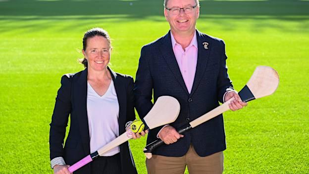 Lizzy Broderick of the Camogie Association and member of the Hurling Development Committee with Camogie Association president Brian Molloy during the Hurling Development Committee media event at Croke Park in Dublin. Photo by Piaras Ó Mídheach/Sportsfile.