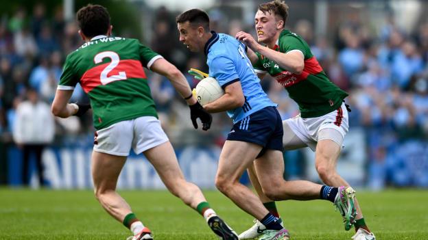 Dublin's Cormac Costello and Mayo's Jack Coyne and Donnacha McHugh in All-Ireland SFC action. Photo by Daire Brennan/Sportsfile