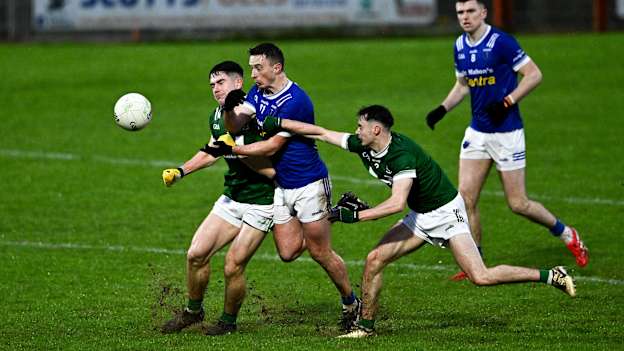 Shane Carey, Scotstown, and Callum McGrogan and Shea McAteer, Newbridge, in AIB Ulster Club SFC action. Photo by Ben McShane/Sportsfile