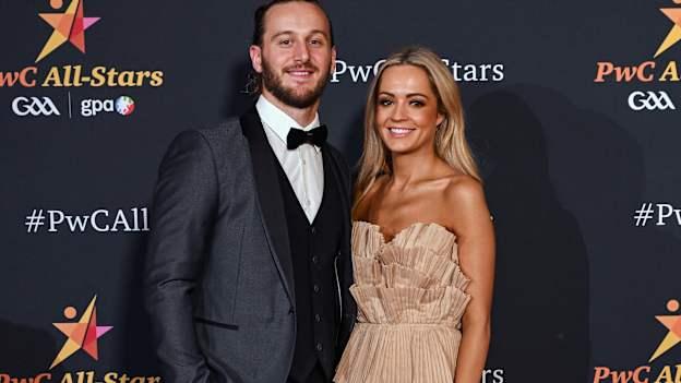 Limerick hurler Tom Morrissey with Elaine Dolan upon arrival at the 2024 PwC GAA/GPA All-Star Awards at the RDS in Dublin. Photo by Brendan Moran/Sportsfile.