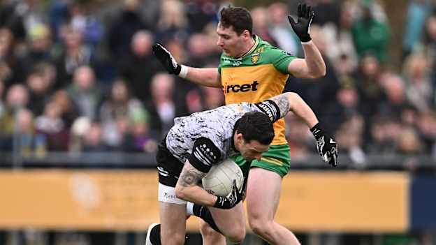 Tyrone goalkeeper Niall Morgan in action against Jamie Brennan of Donegal during the Allianz Football League Division 1 match between Donegal and Tyrone at O’Donnell Park in Letterkenny, Donegal. Photo by Piaras Ó Mídheach/Sportsfile.