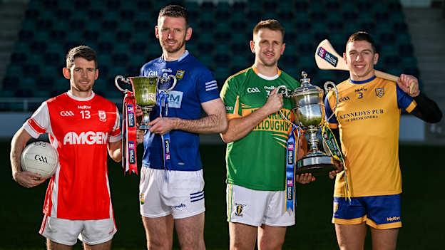 In attendance at the launch of the AIB GAA Leinster Senior Club Championship Finals at Cedral St Conleth's Park in Newbridge, Kildare, are, from left, Cuala footballer Luke Keating, St Mary's Ardee footballer Robert Leavy, Kilcormac Killoughey hurler Conor Slevin and Na Fianna hurler Kevin Burke. Photo by Brendan Moran/Sportsfile.