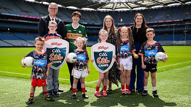 The GAA and the HSE have announced a new national partnership aimed at supporting children with additional needs to attend Kellogg’s GAA Cúl Camps across Ireland this summer. In attendance at the announcement are, back row from left, Uachtarán Chumann Lúthchleas Gael Jarlath Burns, Minister for Children, Disability and Equality Norma Foley TD and Minister of State at the Department of Children, Disability and Equality with responsibility for Disability Emer Higgins TD, alongside children from left, James Nolan, Tom Deering, Laura Farrell, Molly Farrelly, Pippa Fitzgerald and Tommy Nolan at Croke Park in Dublin. Photo by Sam Barnes/Sportsfile 