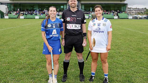Laois' Líadan C Fennell pictured with referee Enda Loughnane and Shanise Fitzsimons of Cavan before the 2024 Glen Dimplex All-Ireland Premier Junior Camogie Championship Semi-Final. Photo by Laszlo Geczo/INPHO