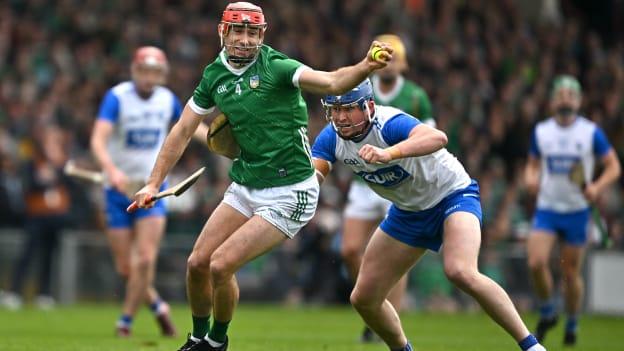  Barry Nash, Limerick, and Darragh Lyons, Waterford, in Leinster SHC action. Photo by Sam Barnes/Sportsfile