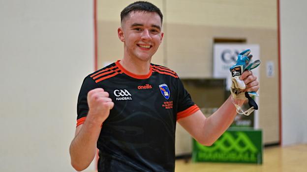 Fiachra Doyle celebrates after victory in the Senior Singles Wallball Final. 