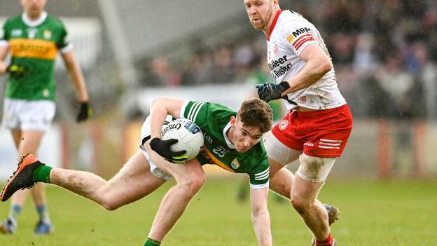 Ruairí Murphy of Kerry in action against Frank Burns of Tyrone during the 2023 Allianz Football League Division 1 match between Tyrone and Kerry at O'Neill's Healy Park in Omagh, Tyrone. Photo by Ramsey Cardy/Sportsfile.