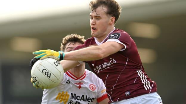 Robert Finnerty, Galway, and Aidan Clarke, Tyrone, in Allianz Football League action. Photo by Ramsey Cardy/Sportsfile