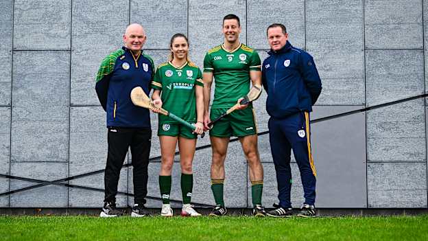 Ireland Camogie Shinty manager Ger Manley, Ireland Camogie Shinty captain Saoirse McCarthy, Ireland Hurling Shinty captain Dan Morrissey and Ireland Hurling Shinty joint-manager Michael Kavanagh, right, during an Ireland Hurling and Camogie Shinty squad launch at the GAA National Games Development Centre on the Sport Ireland Campus in Dublin. Photo by Piaras Ó Mídheach/Sportsfile.