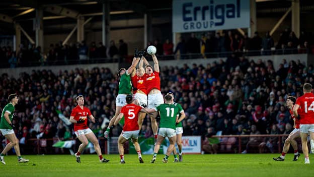 Teams contest for a high ball during the Derry County Senior Club Football Championship final match between Magherafelt and Newbridge at Find Insurance Celtic Park in Derry. Photo by Matthew Harvey/Sportsfile