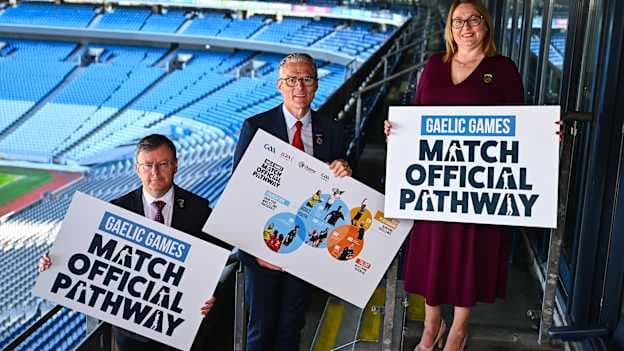 In attendance are, from left, Uachtarán an Chumann Camógaíochta Brian Molloy, Uachtarán Chumann Lúthchleas Gael Jarlath Burns, and Uachtarán Chumann Peil Gael na mBan Trina Murray, at a GAA, LGFA & Camogie Association Match Official Pathway photoshoot at Croke Park in Dublin. Photo by Piaras Ó Mídheach/Sportsfile.