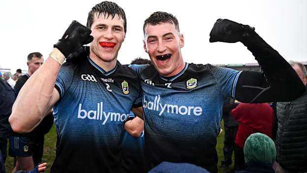 Roscommon players Keith Doyle, left, and Caelim Keogh celebrate after their side's victory in the Allianz Football League Division 1 match between Roscommon and Donegal at King & Moffatt Dr Hyde Park in Roscommon. Photo by Seb Daly/Sportsfile.