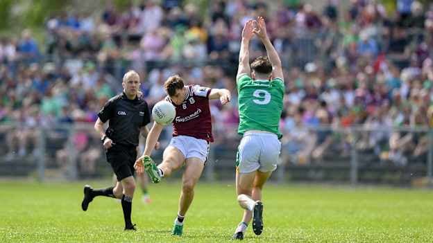 Paul Conroy, Galway, and Conor Quinn, Leitrim, in Connacht SFC action. Photo by Stephen McCarthy/Sportsfile