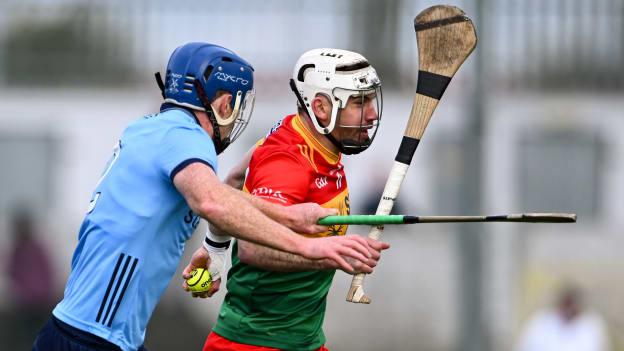 Chris Nolan, Carlow, and John Bellew, Dublin, in Leinster SHC action at Netwatch Cullen Park. Photo by Piaras Ó Mídheach/Sportsfile