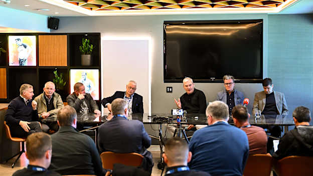 GAA Football Review Committee members at the top table, from left, Shane Flanagan, Patrick Doherty, Colm Collins, Michael Meaney, James Horan, Colm Nally and Éamonn Fitzmaurice during a media conference after GAA Special Congress 2025 at Croke Park in Dublin. Photo by Piaras Ó Mídheach/Sportsfile.