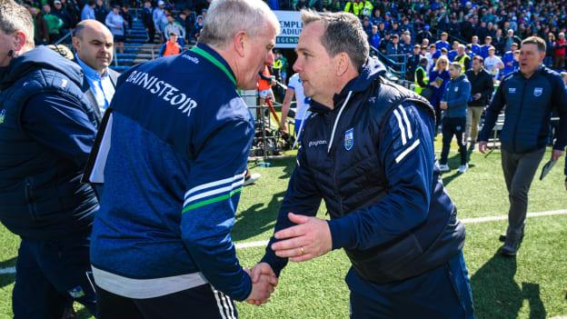 Waterford manager Davy Fitzgerald, right, and Limerick manager John Kiely pictured after the 2023 Munster GAA Hurling Senior Championship Round 1 match between Waterford and Limerick at FBD Semple Stadium in Thurles, Tipperary. Photo by Stephen McCarthy/Sportsfile