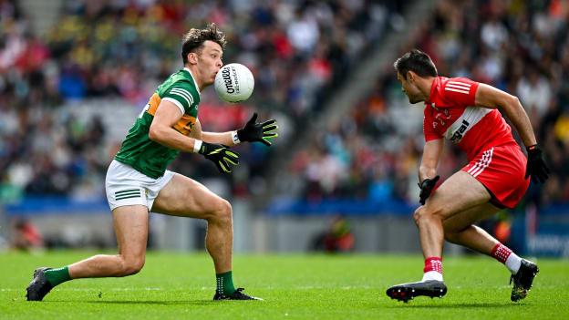 David Clifford of Kerry in action against Christopher McKaigue of Derry during the GAA Football All-Ireland Senior Championship Semi-Final match between Derry and Kerry at Croke Park in Dublin. Photo by Brendan Moran/Sportsfile.