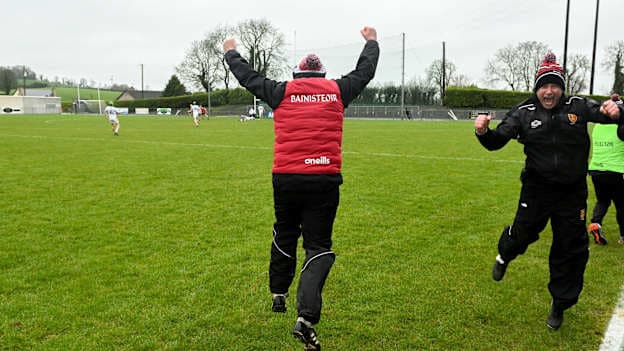 Down manager Ronan Sheehan, left, and goalkeeper coach Brendan McLoughlin, celebrate their side's fourth goal near the end of the 2025 Allianz Hurling League Division 2 final match between Down and Kildare at Grattan Park in Inniskeen, Monaghan. Photo by Daire Brennan/Sportsfile