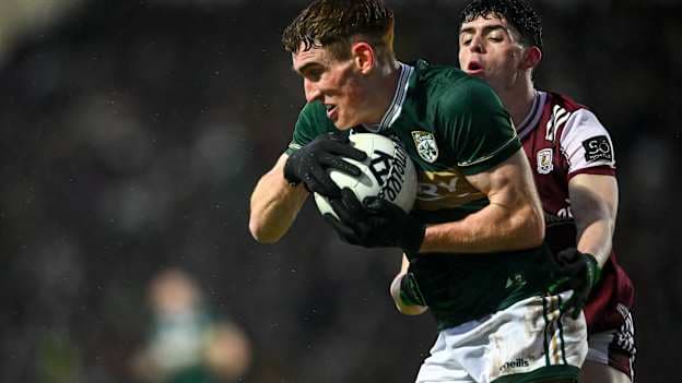 Cillian Trant, Kerry, and Ciarán Mulhern, Galway, in Allianz Football League action. Photo by Shauna Clinton/Sportsfile