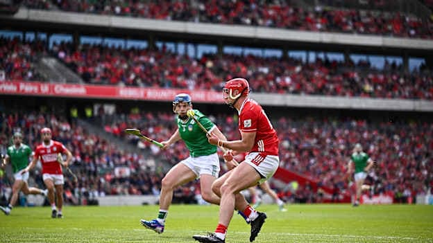 Brian Hayes, Cork, and Mike Casey, Limerick, in Munster SHC action. Photo by Seb Daly/Sportsfile