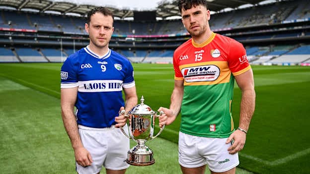 Aidan Corby, Laois, and Chris Nolan, Carlow, pictured ahead of Saturday's Joe McDonagh Cup Final. Photo by Ben McShane/Sportsfile